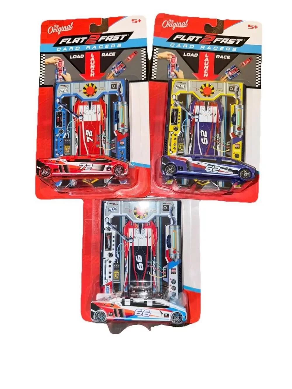LOT OF 3 Flat 2 Fast Card Racers Load Launch Race Racecar Car Toy #62 #66 #72